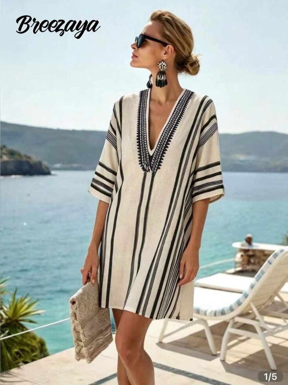 Women's Black & Cream Striped V-Neck Beach Cover-Up